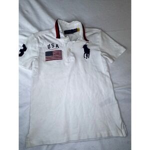 Polo Ralph Lauren Shirt Kids Small 8 White Good Big Pony USA Flag Polo Shirt